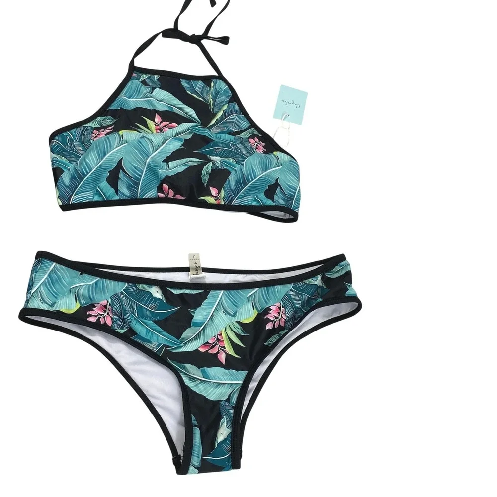 Cupshe Tropical Palm Leaf Bikini Set Women Large High Neck Halter Beach Swimwear